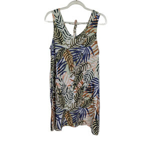 Tahari Dress Womens Medium Linen Sleeveless Leaf Print Summer Tropical V Neck